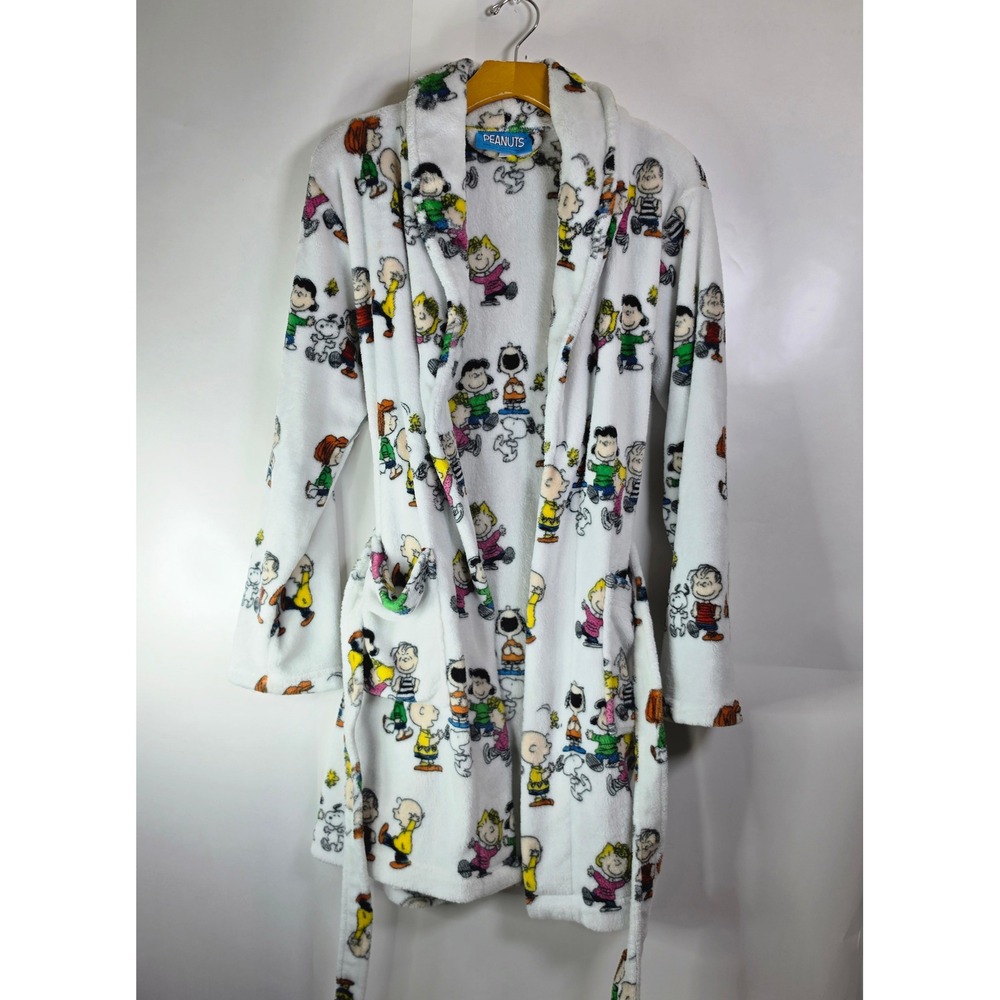 Peanuts Snoopy Charlie Brown Plush Robe White Fleece Womens Size S